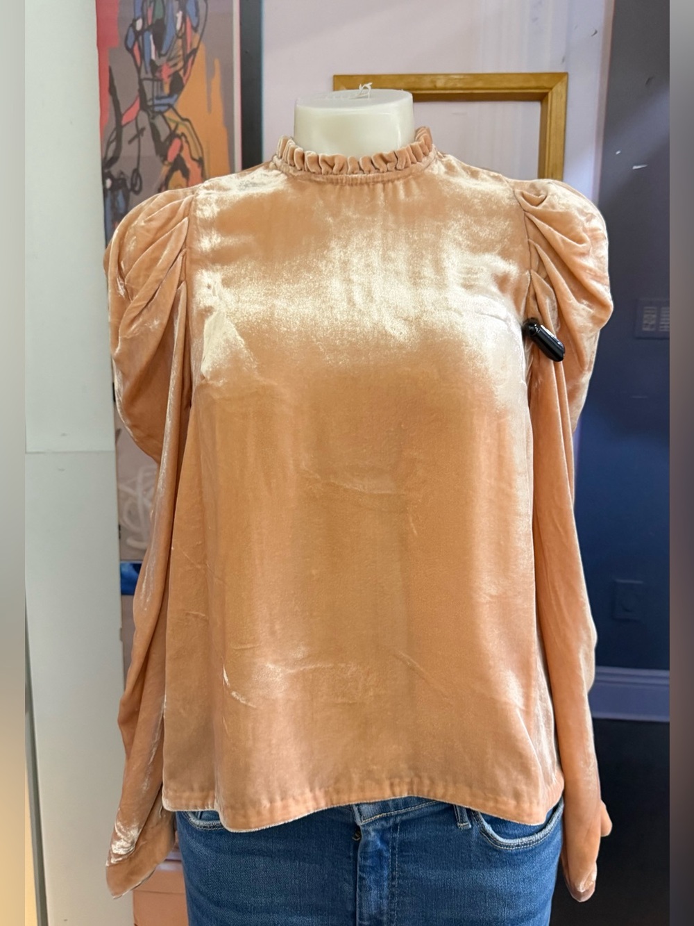 Ulla Johnson Peach Velvet Ruffle-Neck Puff-Sleeve Blouse